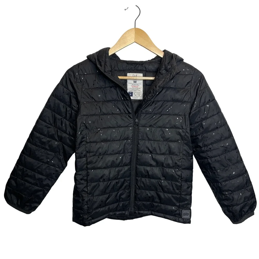Gap Kids Black‎ Puffer Primaloft Jacket Star Print Hooded Zip Up